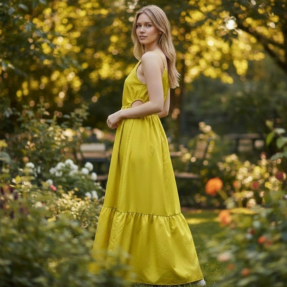 SHEIN CURVE One Shoulder Maxi Dress Womens 0XL Yellow Tiered Summer Boho Dress